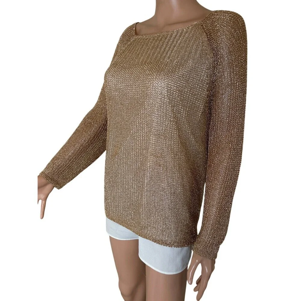 Chicos Sweater Metallic Copper/gold Cotton Blend Crewneck chain link SZ 2 US LG